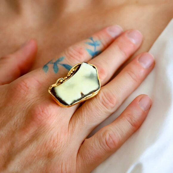 Jūratė Amber Jewelry - Baltic Amber Statement Ring – White & Black Amber, Gold Plated Sterling Silver